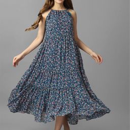 Fbella Floral Printed Shoulder Strap Gathered Georgette Fit & Flare Midi Dress-image-49