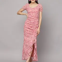 aayu Floral Printed V-Neck Puff Sleeves Ruffles Detailed Ruched Maxi Dress-image-48