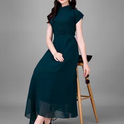 Femvy Mandarin Collar Georgette Fit & Flare Maxi Dress-image-96