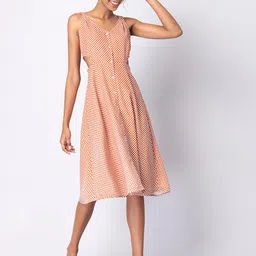 FabAlley Orange Checked Waist Cut Out Georgette Buttoned A-Line Midi Dress-2