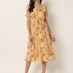 VAIRAGEE Women Yellow Floral Off-Shoulder Georgette Midi Dress-image-2