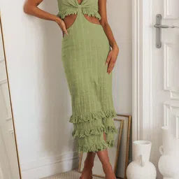 StyleCast Green Shoulder Straps Striped Sheath Midi Dress-image-96
