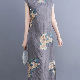 StyleCast Grey Floral Printed Mandarin Collar Cap Sleeves A-Line Midi Dress-image-23