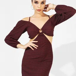 Campus Sutra Checked Cold-Shoulder Sheath Mini Dress-image-11