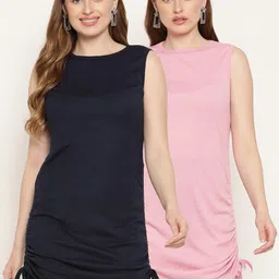 Miaz Lifestyle Women Navy Blue, Pink Solid Cotton Sheath Mini Dress-image-76