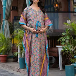 Aujjessa Floral Print Cotton V-Neck Kimono Sleeves Maternity Maxi Dress-picture-27