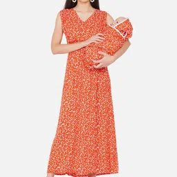 Mine4Nine Women Orange Floral Maternity A-Line Maxi Dress-image-21
