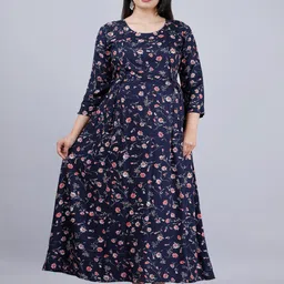 KALINI Floral Printed Round Neck Pleated Maternity Fit & Flare Maxi Dress-picture-18
