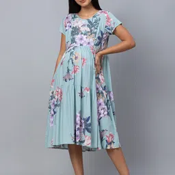 AV2 Blue Floral  Printed Maternity Midi Dress-image-75