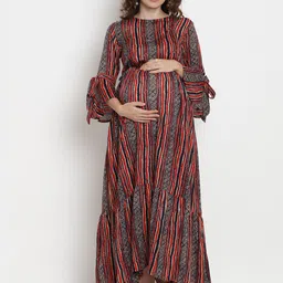 Mine4Nine Floral Printed Bell Sleeve Maxi Maternity & Nursing Dress-image-84
