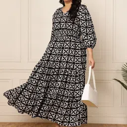 DEEBACO Geometric Printed V-Neck Flared Puff Sleeve Maxi Dress-96