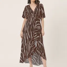 Moomaya Women Animal Print Flared Sleeve V-Neck Wrap Midi Dress-image-10
