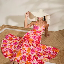WineRed Floral Print Lace Strap Cotton Tiered Dress-image-94