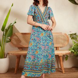 Berrylush Blue Ethnic Motifs Printed Flared Sleeve Tie Up Wrap Dress-image-0