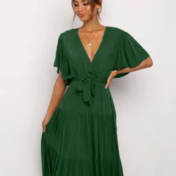 StyleCast Green Tie-Up Flutter Sleeve Midi Dress-image-92