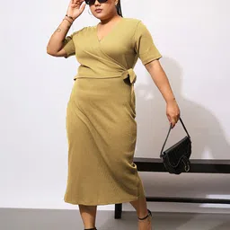 SASSAFRAS Curve Plus Size V-Neck Tie-Ups Detail Wrap Midi Dress-64