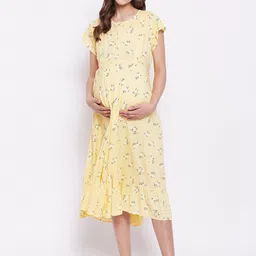 Hypernation Women Yellow & White Floral Printed Maternity Nightdress-image-47