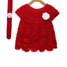 CHUTPUT Girls Maroon & White Self Design Pure Wool Jumper Dress With Headband-8