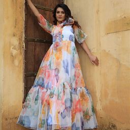 OneWe Floral Tie-Up Neck Net Maxi Maxi Dress-picture-3