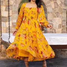Ambraee Square Neck Floral Printed Smocked Tiered Maxi Midi Dress-image-37