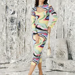 TANDUL Printed Asymmetric Neck Sheath Midi Dress-picture-6
