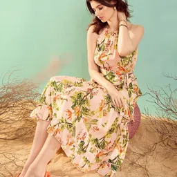 KASSUALLY Floral Printed Halter Neck Ruffled Fit & Flare Midi Dress-image-98