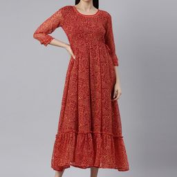 Souchii Abstract Printed Round Neck Fit & Flare Dress-image-4