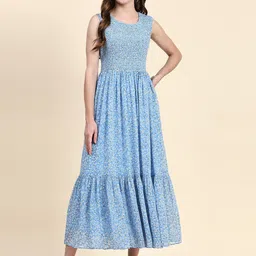 TOOCHKI Floral Printed Smocked & Tiered Georgette Maxi Fit & Flare Dress-image-50