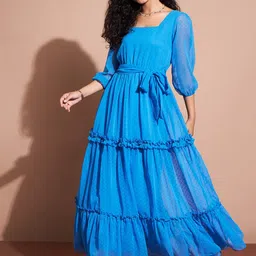 Deewa Self Design Square Neck Puff Sleeves Tiered Fit & Flare Maxi Dress-55