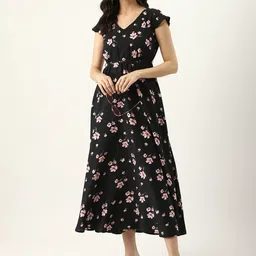 U&F Black Floral Printed V-Neck Cap Sleeve A-Line Dress-picture-36