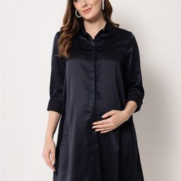 angloindu Navy Blue Satin Maternity Shirt Dress-image-82