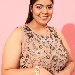 CURVY STREET Peach Plus Size Embellished Net A-Line Midi Dress image 2