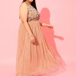 CURVY STREET Peach Plus Size Embellished Net A-Line Midi Dress image 3