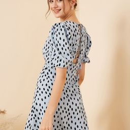 RARE Blue Geometric Printed Puff Sleeves Crepe Sheath Mini Dress-image-57