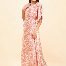 Sweet Dreams Peach-Coloured & White Floral Printed Satin Maxi Kaftan Nightdress image 5