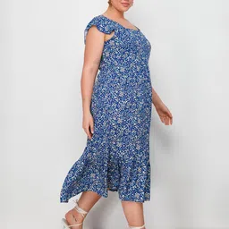 Trendyol Plus Size Floral Printed Flutter Sleeves Gathered Midi Fit & Flare Dress image 4