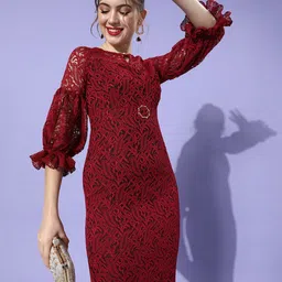 DressBerry Maroon Floral Self Design Puff Sleeves Sheath Dress-image-16