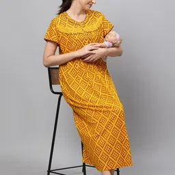 AV2 Women Yellow Printed Cotton Maxi Maternity Nightdress-image-67
