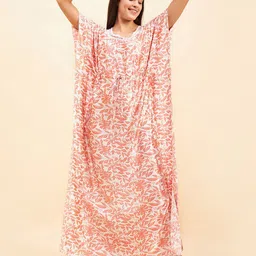 Sweet Dreams Peach-Coloured & White Floral Printed Satin Maxi Kaftan Nightdress image 4