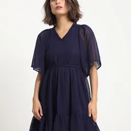 RAREISM V-Neck Flared Sleeves Fit & Flare Dress-image-59