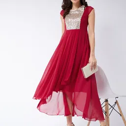 Miss Chase Pink Embellished Georgette Pleated Maxi Dress-2