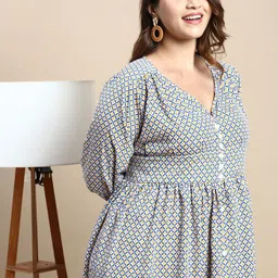SHOWOFF Plus Geometric Printed Gathered Georgette Midi Fit and Flare Dress-13