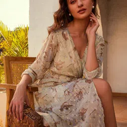 Athena Cream Abstract Printed Georgette A-Line Midi Dress image 4