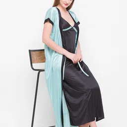 AV2 Green & Black Satin V Neck Maxi Wrap Nightdress-image-22