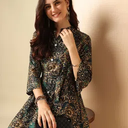 Anouk Teal Floral Print A-Line Midi Dress-image-30