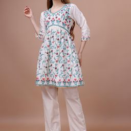 Ishin Embroidered V-Neck Pure Cotton A-Line Kurti-image-50