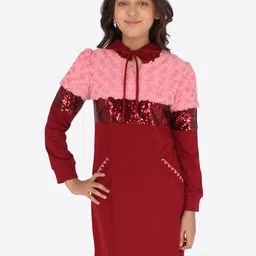 CUTECUMBER Girls Maroon & Pink Embellished Hood Sheath Dress-image-24
