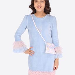 CUTECUMBER Girls Blue & Pink Self Design Round Neck Sheath Dress-image-128