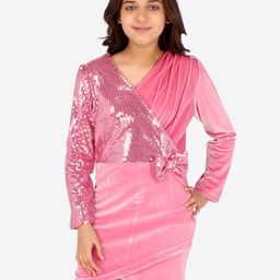 CUTECUMBER Pink Solid Embellished Sequined Velvet Dress-image-6