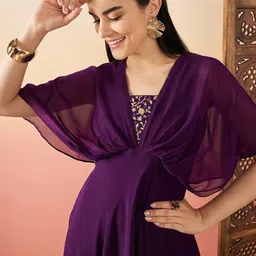 Sangria Sequinned Flared Sleeves Georgette Maxi Ethnic Dresses-picture-2